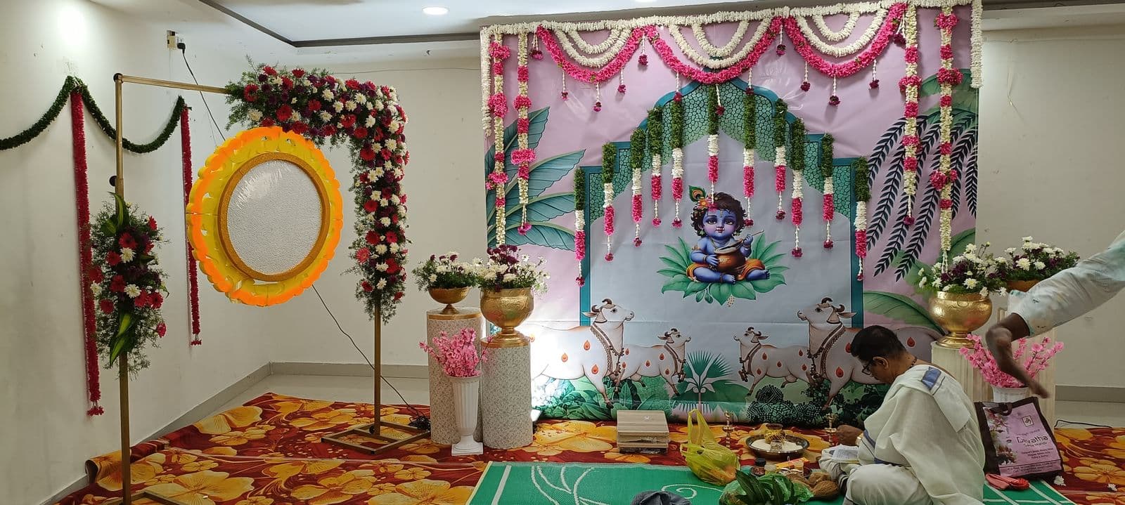 Krishna cradle backdrop for a naming ceremony