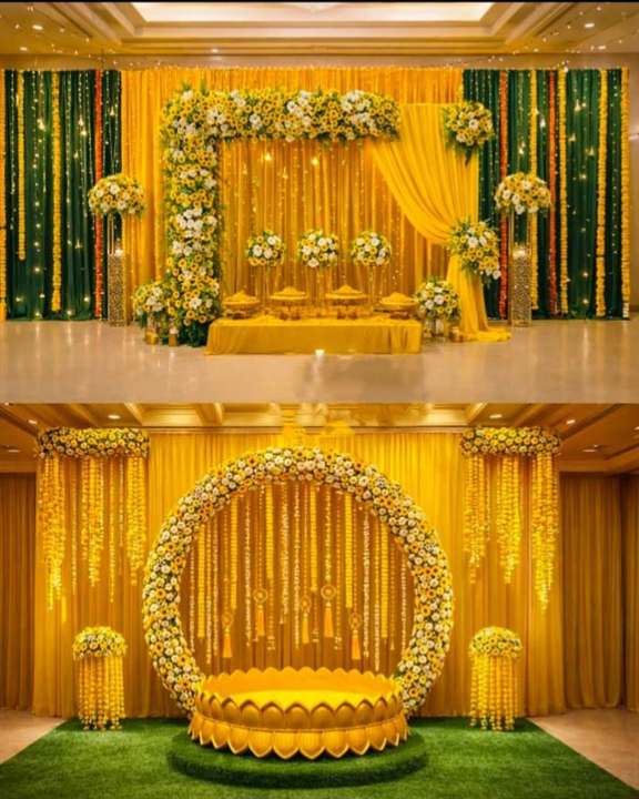 Yellow and green haldi ceremony backdrop with floral arch and lantern styling